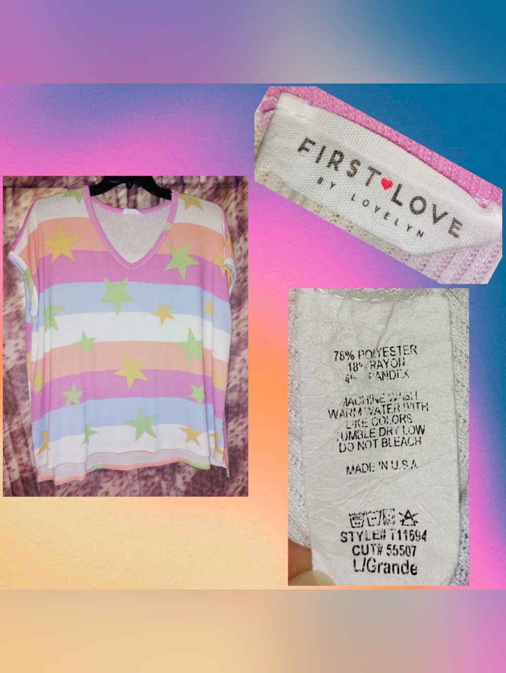 First Love Pastel Multiclr Striped & Stars Prints Oversized Ribbed Knit Top Sz L